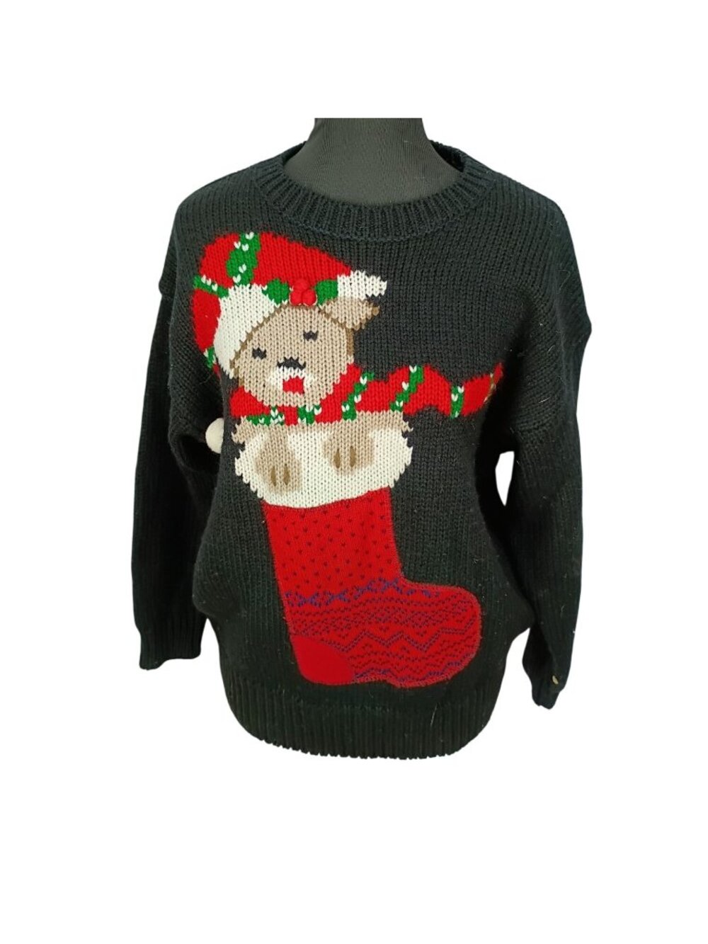 Vintage 80s  Christmas Sweater With Bear In Stocking Knit Design - Black